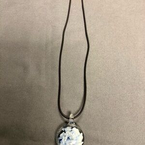 Elegant Blue and Black Pendant Blue Flower in blown glass Necklace